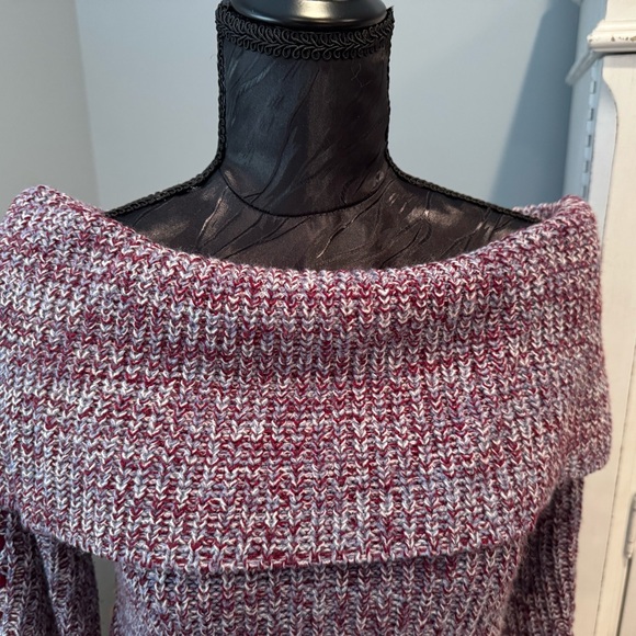 LU ♥ NYC Burgundy Lavender Lace-Up Sleeve Sweater Small | Off Shoulder Cozy Knit - Picture 4 of 12
